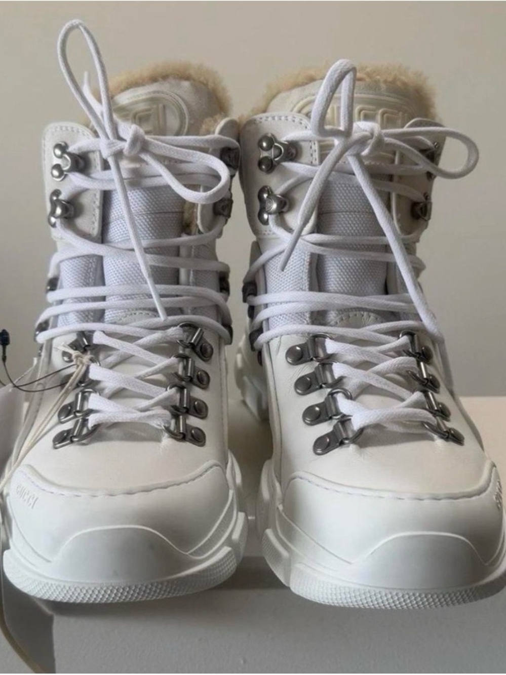 Gucci White Lace-Up Fur-Trim Hiking Boots